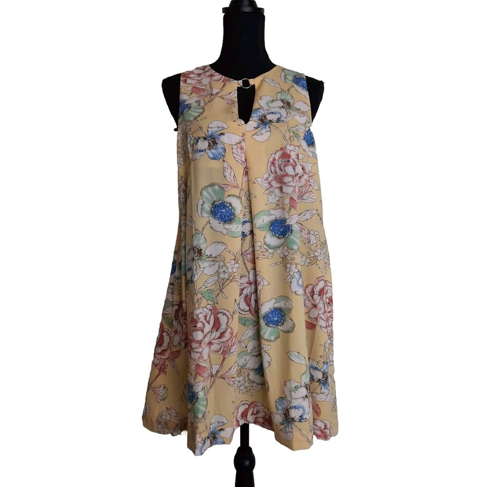 NEW Umgee Swing Dress Small Mini Yellow Floral POCKETS Keyhole Pastel Watercolor